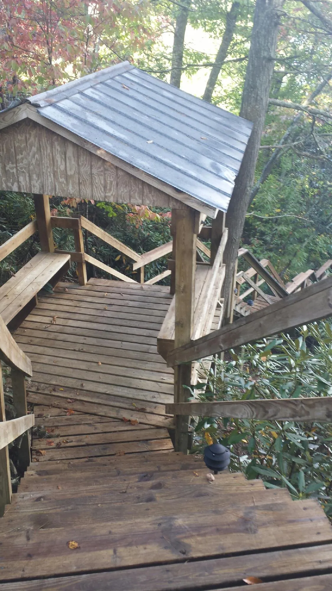 Metal roofed shelter over wooden steps on a wooded walkway — Skylight Repair & Installation work by our crew in Iron City